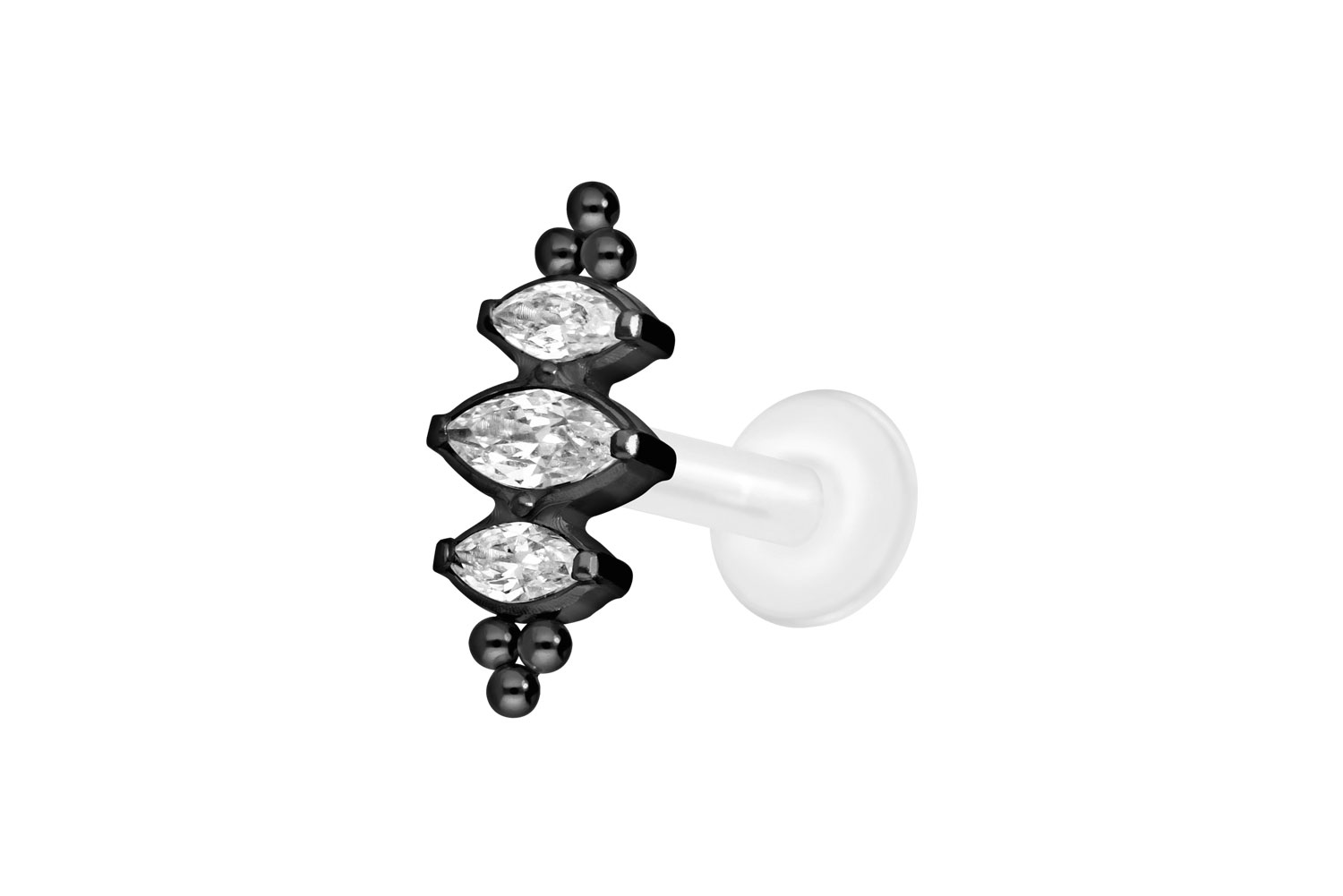 PTFE Labret Piercing mit Innengewinde + Titan-Aufsatz 3 KRISTALLTROPFEN + KUGELN